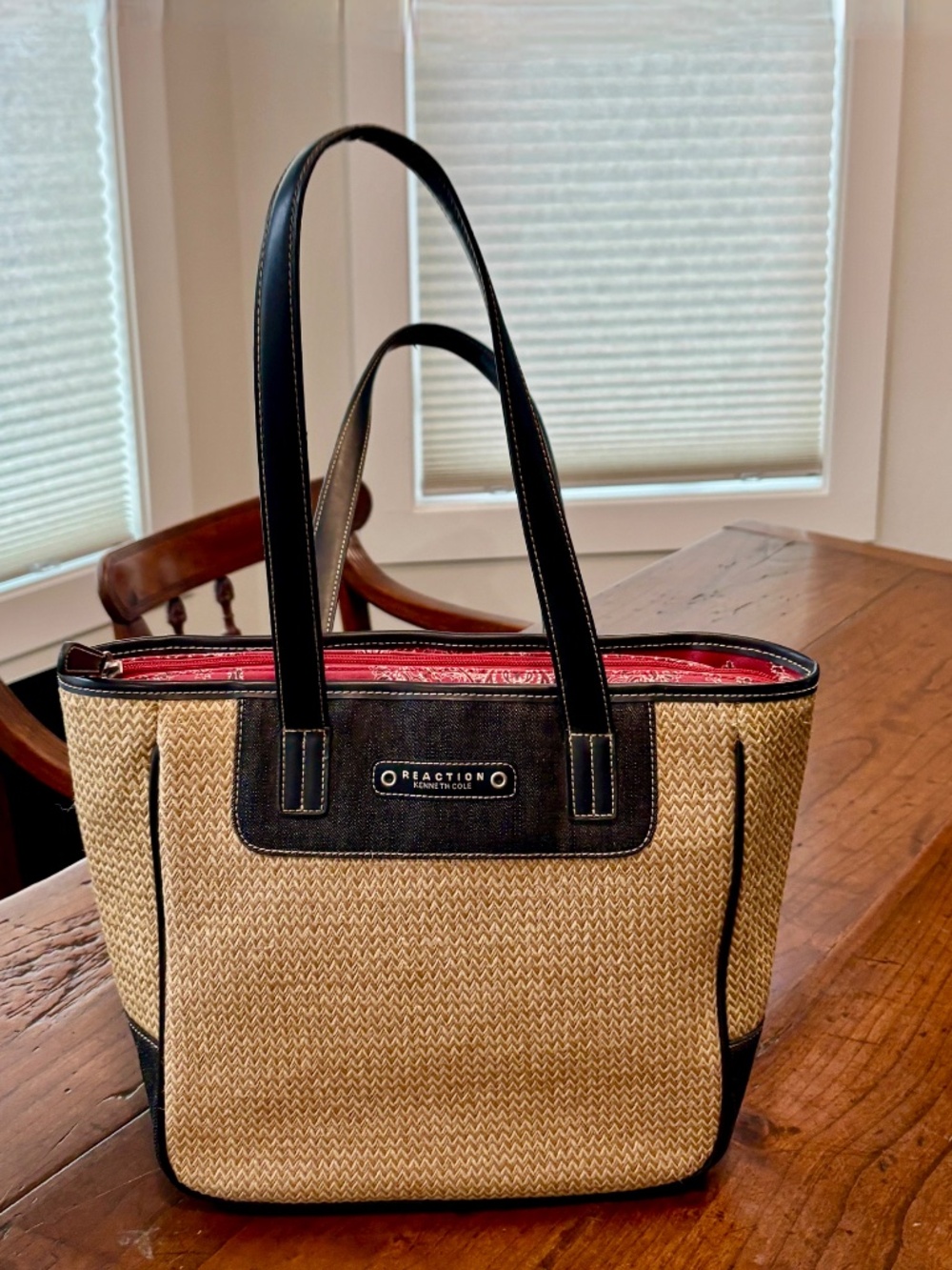 Kenneth Cole Reaction Woven Straw Tote Bag Leather Trim Boho Summer